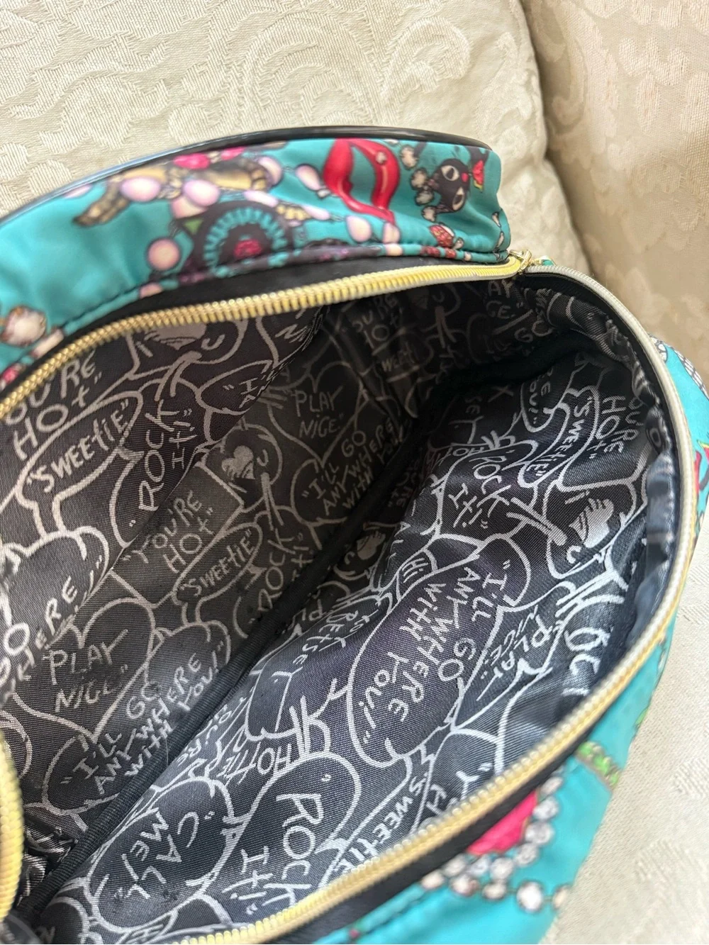 Betsey Johnson Teal Printed Cosmetic Case with Jewel & Rose Motif